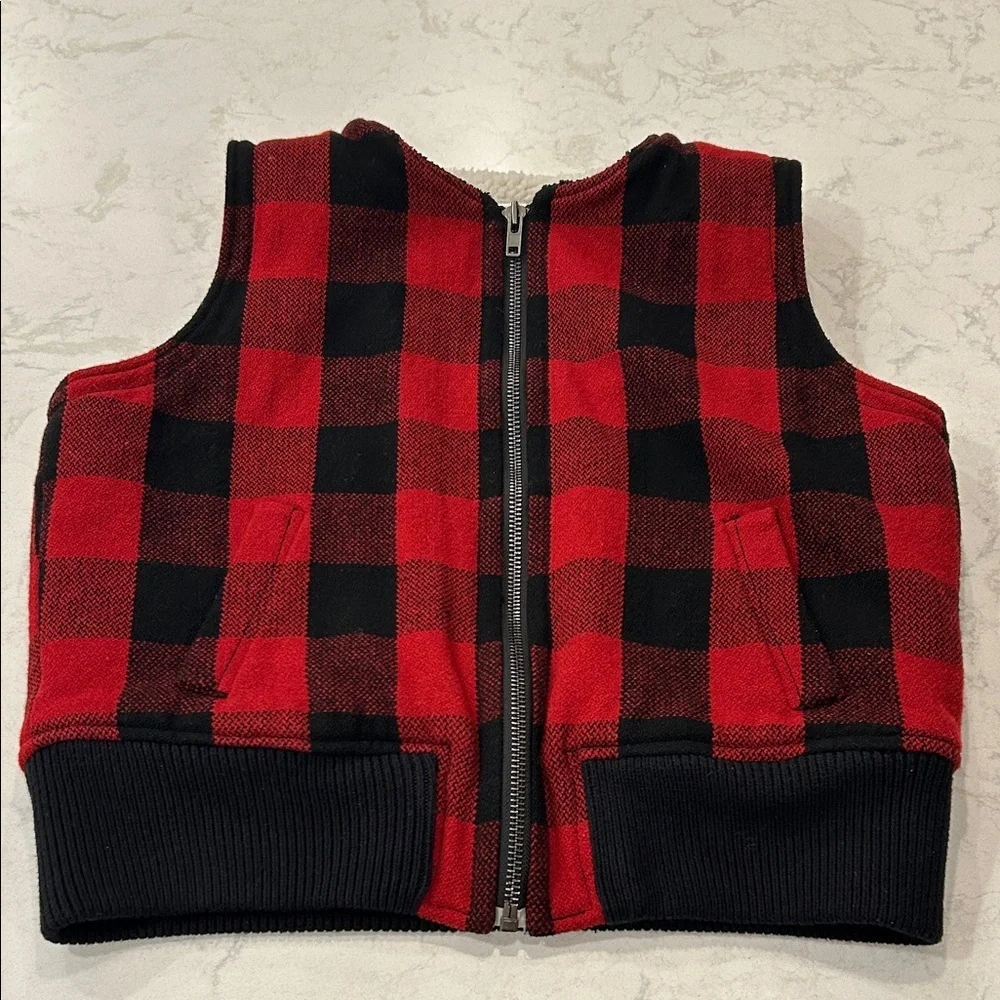 Madewell Wool Buffalo Check Sherpa Fleece Lined Vest Full Zip Knit Collar XL